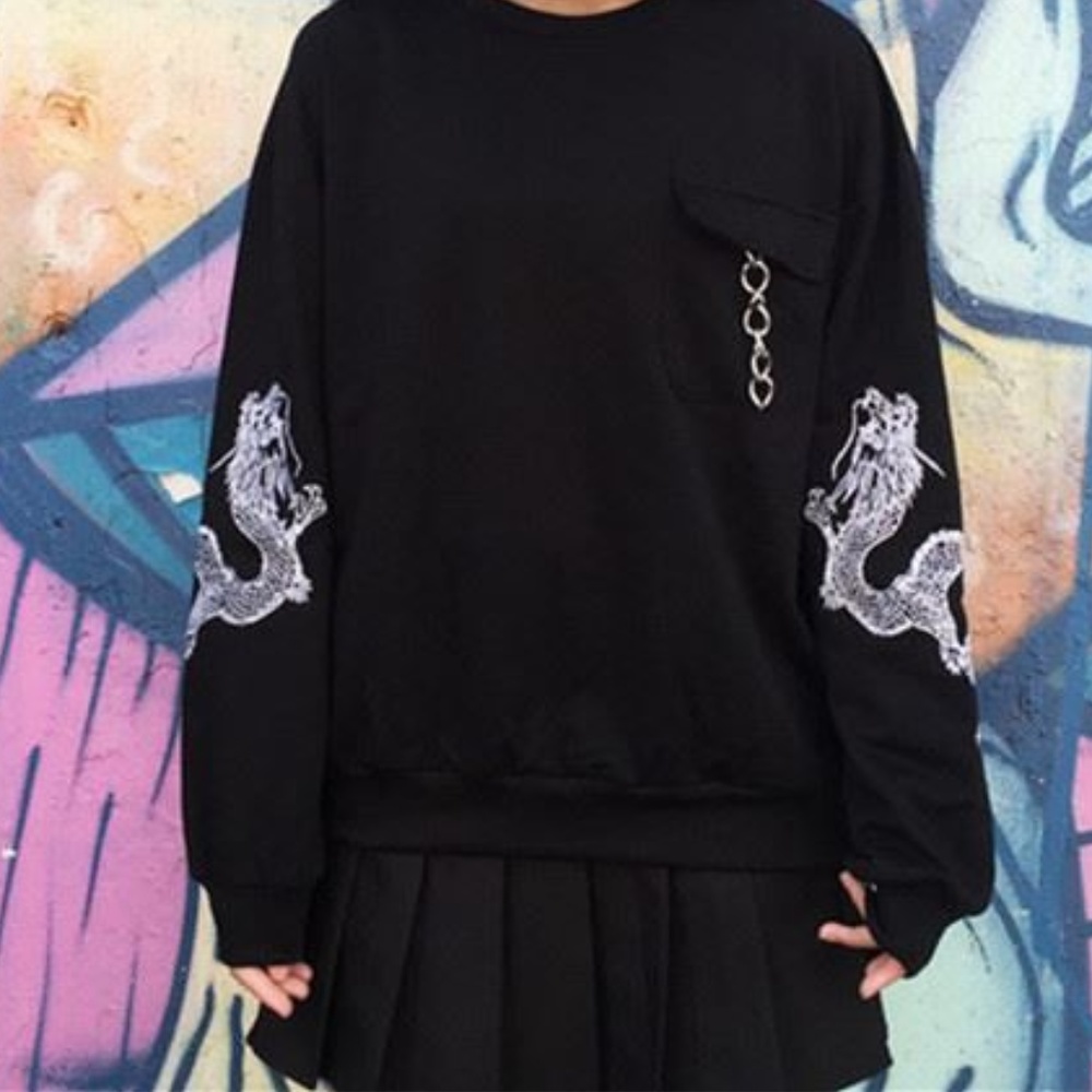Dragon Print Embroidered Chain Black Sweatshirt